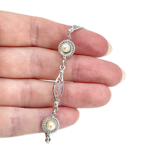 Amco Boho Daisy Filigree Japanese Saltwater Akoya Cultured Pearl Vintage Bracelet- Sterling Silver White Gold Filled