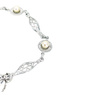 Amco Boho Daisy Filigree Japanese Saltwater Akoya Cultured Pearl Vintage Bracelet- Sterling Silver White Gold Filled