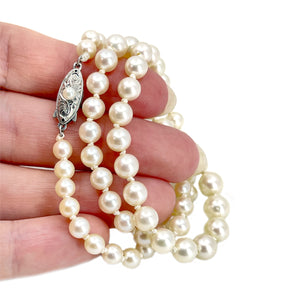 Estate Vintage Graduated Japanese Saltwater Cultured Akoya Pearl Necklace - Sterling Silver 16.50 Inch