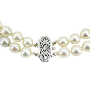 Double Strand Filigree Vintage Akoya Saltwater Cultured Pearl Vintage Mid Century Bracelet- 14K White Gold