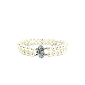 Double Strand Filigree Vintage Akoya Saltwater Cultured Pearl Vintage Mid Century Bracelet- 14K White Gold