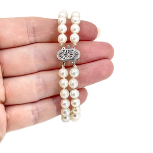 Double Strand Filigree Vintage Akoya Saltwater Cultured Pearl Vintage Mid Century Bracelet- 14K White Gold