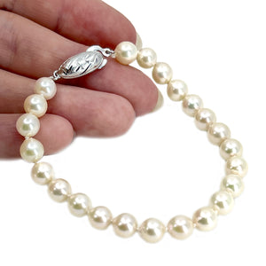 Engraved Modernist Semi Baroque Japanese Vintage Saltwater Akoya Cultured Pearl Vintage Bracelet- Sterling Silver