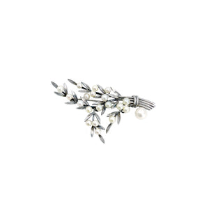Art Nouveau Branch Japanese Saltwater Akoya Cultured Pearl Vintage Leaf Brooch- Sterling Silver