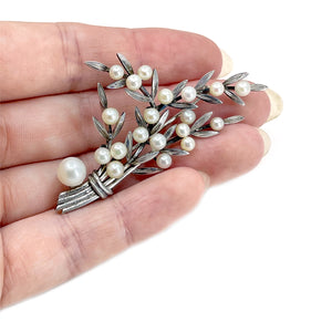 Art Nouveau Branch Japanese Saltwater Akoya Cultured Pearl Vintage Leaf Brooch- Sterling Silver