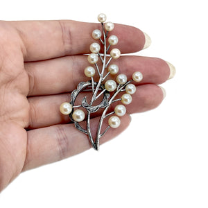 Large Art Nouveau Spray Japanese Saltwater Akoya Cultured Pearl Vintage Branch Brooch- Sterling Silver