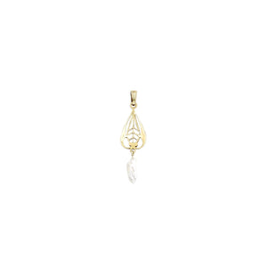 Natural River Pearl Art Nouveau Filigree Lavaliere Antique Pendant- 10K Yellow Gold