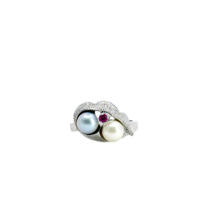 Bypass Blue And White Japanese Saltwater Akoya Cultured Pearl Pink Topaz Vintage Ring- Sterling Silver Sz 6 3/4