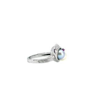 Bypass Blue And White Japanese Saltwater Akoya Cultured Pearl Pink Topaz Vintage Ring- Sterling Silver Sz 6 3/4