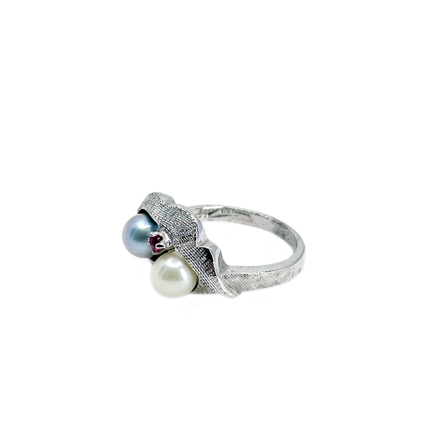 Bypass Blue And White Japanese Saltwater Akoya Cultured Pearl Pink Topaz Vintage Ring- Sterling Silver Sz 6 3/4