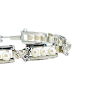 Grape Leaf Mid-Century Japanese Saltwater Akoya Cultured Pearl Link Bracelet- Sterling Silver