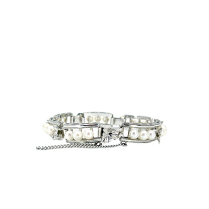 Grape Leaf Mid-Century Japanese Saltwater Akoya Cultured Pearl Link Bracelet- Sterling Silver