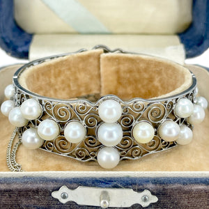 Victorian Yamato Designer Japanese Saltwater White Akoya Cultured Pearl Filigree Bracelet- Sterling Silver