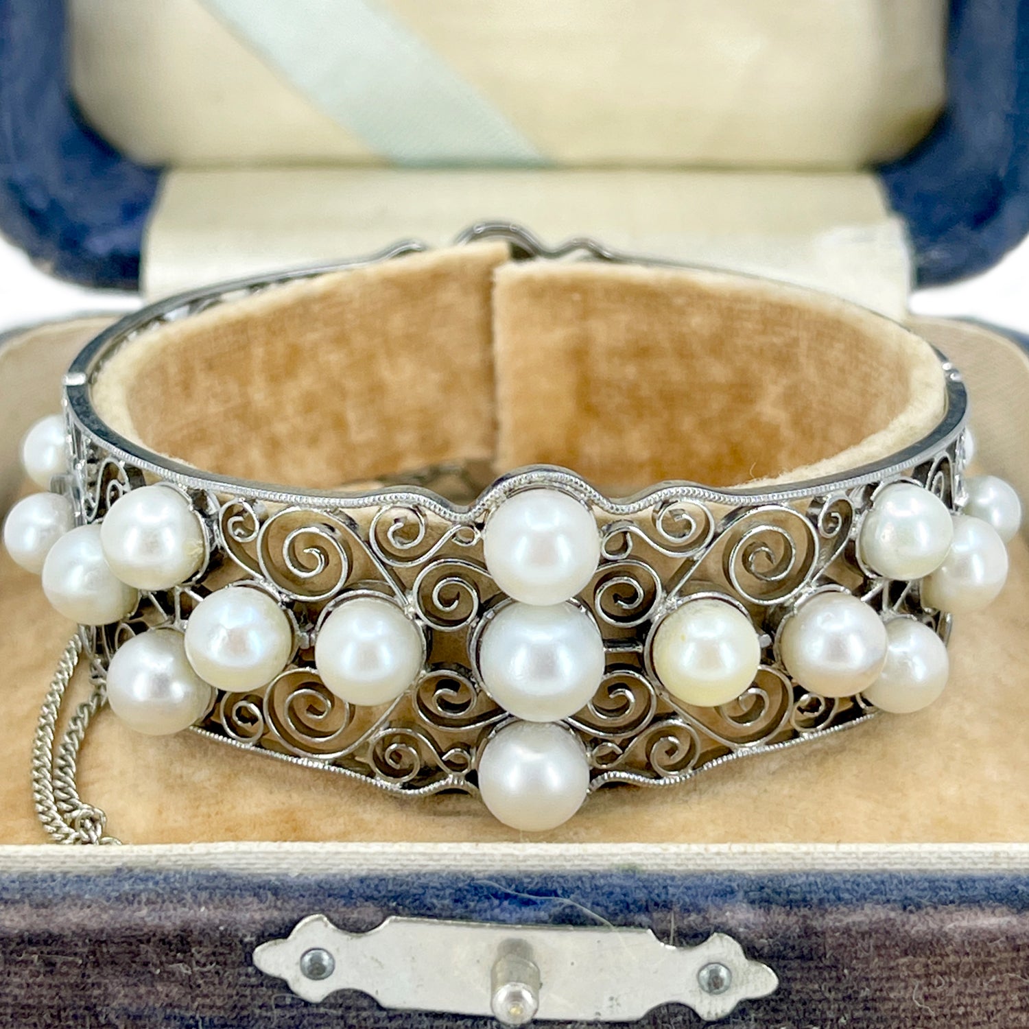 Victorian Yamato Designer Japanese Saltwater White Akoya Cultured Pearl Filigree Bracelet- Sterling Silver