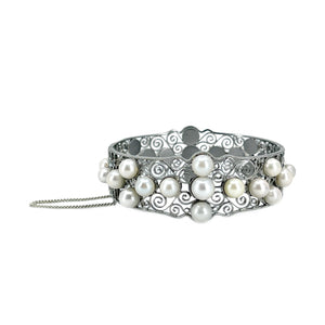 Victorian Yamato Designer Japanese Saltwater White Akoya Cultured Pearl Filigree Bracelet- Sterling Silver