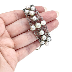 Victorian Yamato Designer Japanese Saltwater White Akoya Cultured Pearl Filigree Bracelet- Sterling Silver