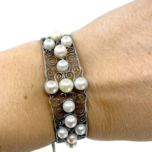 Victorian Yamato Designer Japanese Saltwater White Akoya Cultured Pearl Filigree Bracelet- Sterling Silver