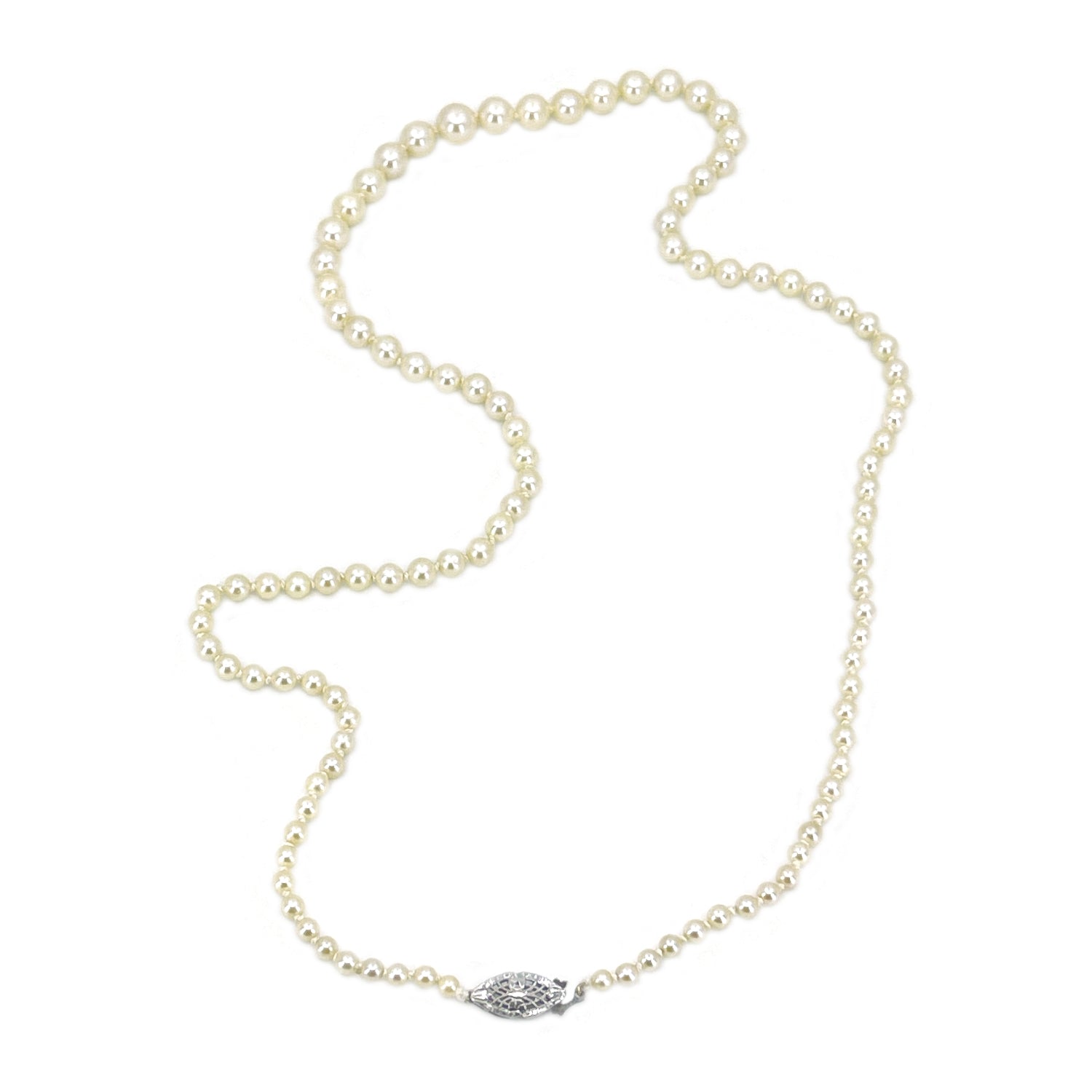 Designer Murata Vintage Japanese Cultured Akoya Pearl Graduated Strand Necklace Box- 14K White Gold 21 Inch