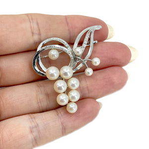 Burst Vintage Mid Century Japanese Saltwater Akoya Cultured Pearl Swirl Brooch- Sterling Silver