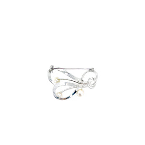 Engraved Vintage Japanese Akoya Cultured Saltwater Pearl Mid-Century Brooch- Sterling Silver