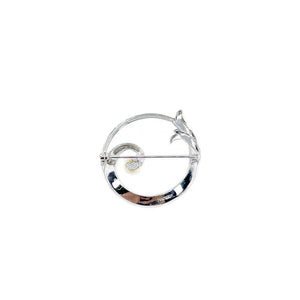 Waves Retro Japanese Akoya Saltwater Cultured Pearl Ocean Circle Brooch- Sterling Silver