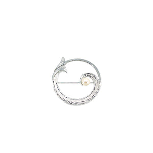 Waves Retro Japanese Akoya Saltwater Cultured Pearl Ocean Circle Brooch- Sterling Silver