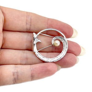 Waves Retro Japanese Akoya Saltwater Cultured Pearl Ocean Circle Brooch- Sterling Silver