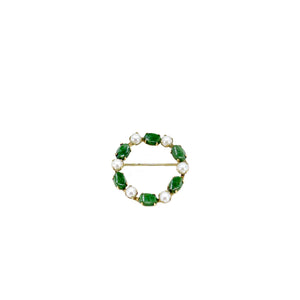 Nephrite Green Jade Wreath Vintage Japanese Cultured Saltwater Akoya Pearl Brooch- Gold Filled