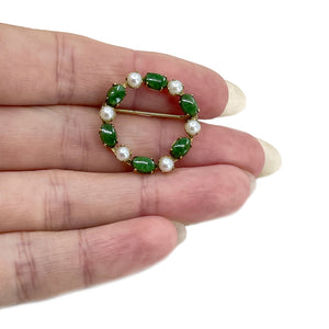 Nephrite Green Jade Wreath Vintage Japanese Cultured Saltwater Akoya Pearl Brooch- Gold Filled