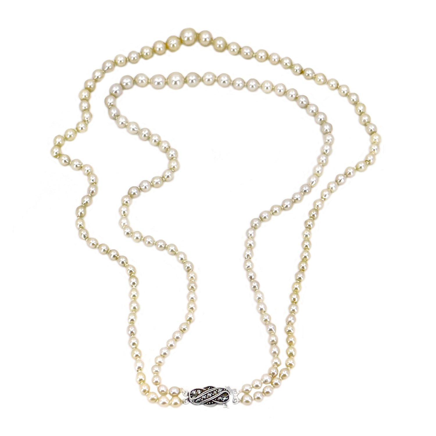 Marcasite Deco Double Strand Japanese Cultured Akoya Pearl Vintage Necklace -Sterling Silver 18.75 & 20.50 Inch
