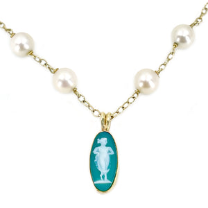 Green Chalcedony Cameo Japanese Cultured Akoya Pearl Station Necklace- 14K White Yellow 17 Inch