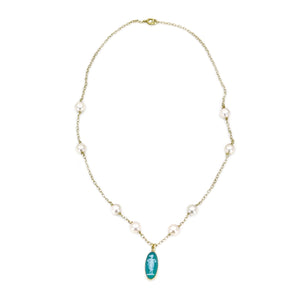 Green Chalcedony Cameo Japanese Cultured Akoya Pearl Station Necklace- 14K White Yellow 17 Inch