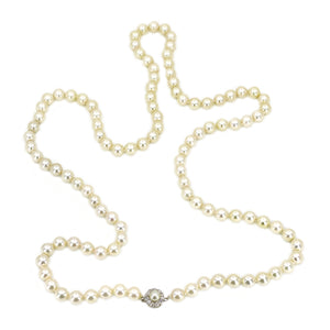 Old European Cut Diamond Opera Japanese Saltwater Akoya Cultured Pearl Strand - 14K White Gold 34.50 Inch