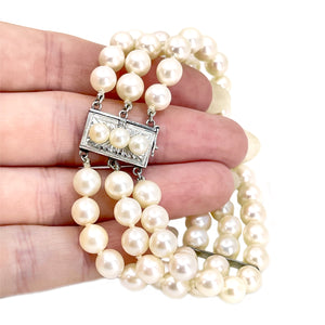Vintage Triple Strand Japanese Saltwater Akoya Cultured Pearl Bracelet- Sterling Silver