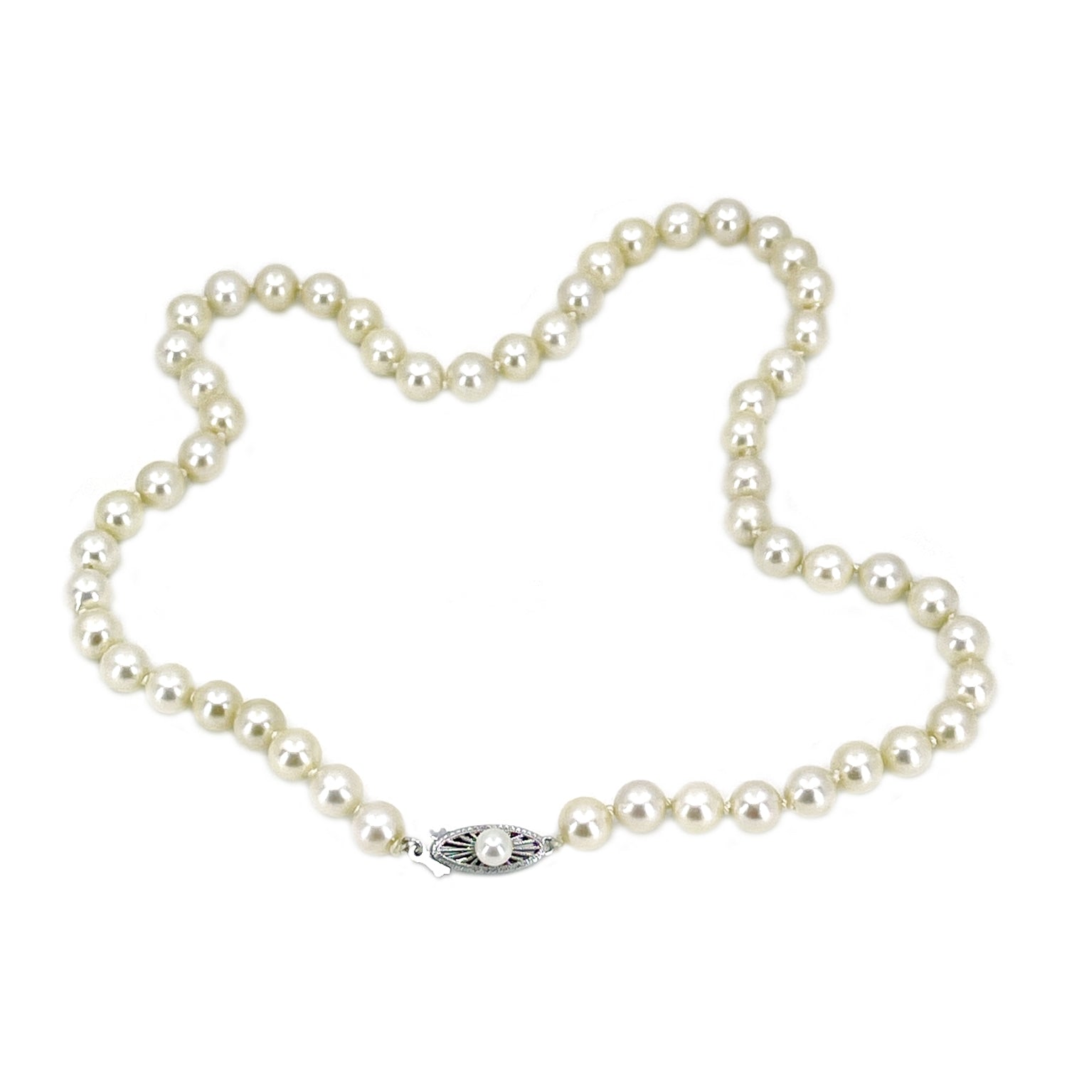 Vintage Choker Filigree Japanese Saltwater Cultured Akoya Pearl Necklace - 14K White Gold 15 Inch