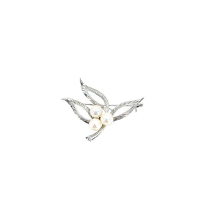 Nouveau Boho Engraved Leaf Japanese Saltwater Akoya Vintage Cultured Pearl Brooch- Sterling Silver
