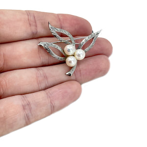 Nouveau Boho Engraved Leaf Japanese Saltwater Akoya Vintage Cultured Pearl Brooch- Sterling Silver