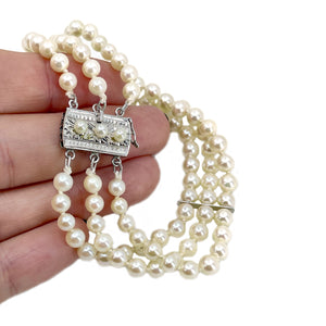 Deco Triple Strand Petite Japanese Saltwater Akoya Cultured Pearl Bracelet- Sterling Silver