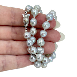 Green Island Co Designer Japanese Baroque Blue Gray Saltwater Akoya Cultured Pearl Graduated Vintage Strand- Sterling Silver 16.50 Inch