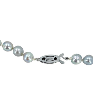 Green Island Co Designer Japanese Baroque Blue Gray Saltwater Akoya Cultured Pearl Graduated Vintage Strand- Sterling Silver 16.50 Inch