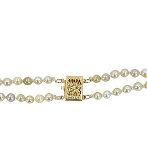 Graduated Cream Double Strand Japanese Saltwater Cultured Akoya Pearl Necklace - 14K Yellow Gold 18 & 19 Inch