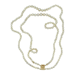 Graduated Cream Double Strand Japanese Saltwater Cultured Akoya Pearl Necklace - 14K Yellow Gold 18 & 19 Inch