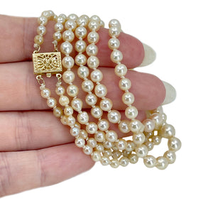Graduated Cream Double Strand Japanese Saltwater Cultured Akoya Pearl Necklace - 14K Yellow Gold 18 & 19 Inch