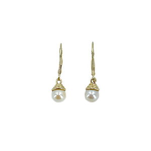 Lever Back Vintage Modern Akoya Saltwater Cultured Pearl Pierced Earrings- 14K Yellow Gold