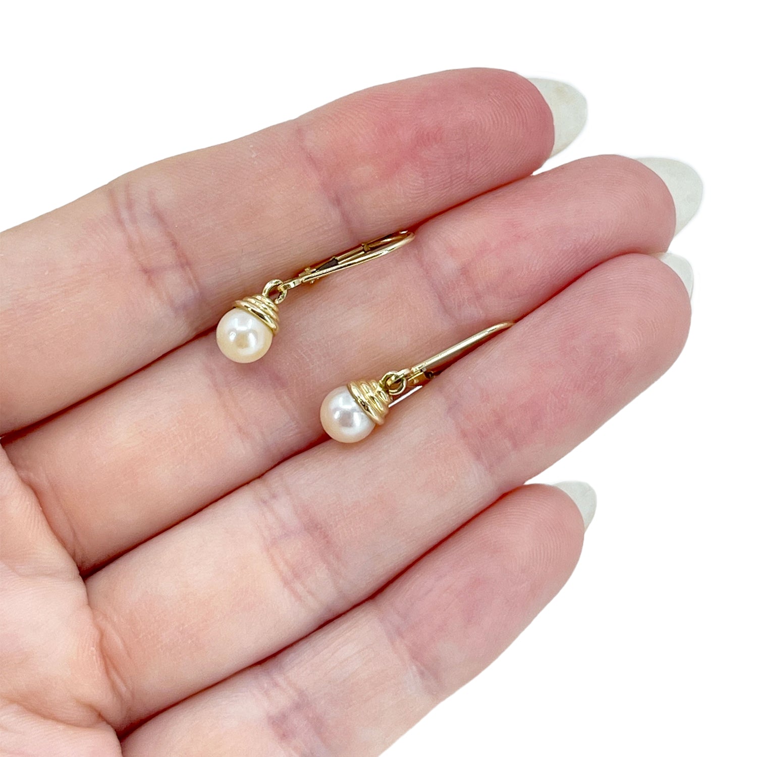 Lever Back Vintage Modern Akoya Saltwater Cultured Pearl Pierced Earrings- 14K Yellow Gold
