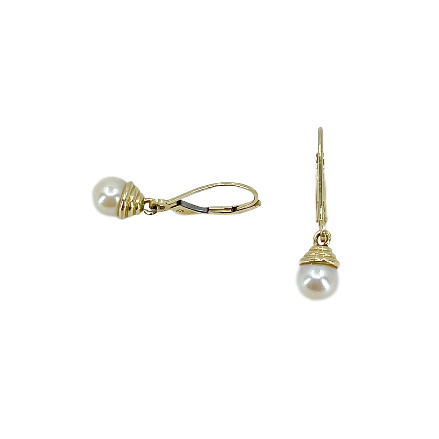 Lever Back Vintage Modern Akoya Saltwater Cultured Pearl Pierced Earrings- 14K Yellow Gold