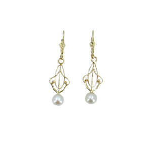 Lavaliere Victorian Milgrain Akoya Saltwater Cultured Pearl Pierced Lever Back Earrings- 14K Yellow Gold