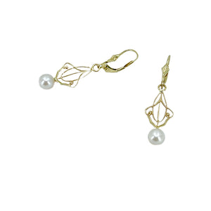 Lavaliere Victorian Milgrain Akoya Saltwater Cultured Pearl Pierced Lever Back Earrings- 14K Yellow Gold