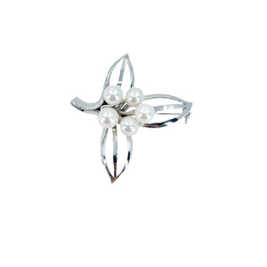 Modernist Leaf Japanese Saltwater Akoya Cultured Pearl Vintage Retro Brooch- Sterling Silver