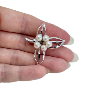 Modernist Leaf Japanese Saltwater Akoya Cultured Pearl Vintage Retro Brooch- Sterling Silver